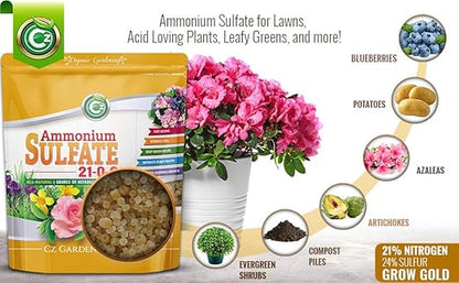Ammonium Sulfate Fertilizer AMS 21-0-0 +24% Sulfur - Made in USA Plant Food for Indoor/Outdoor Plants & Flower Gardens - Promotes Lush Growth - Green Lawns, Fruit, Vegetables, Acid Loving Plants