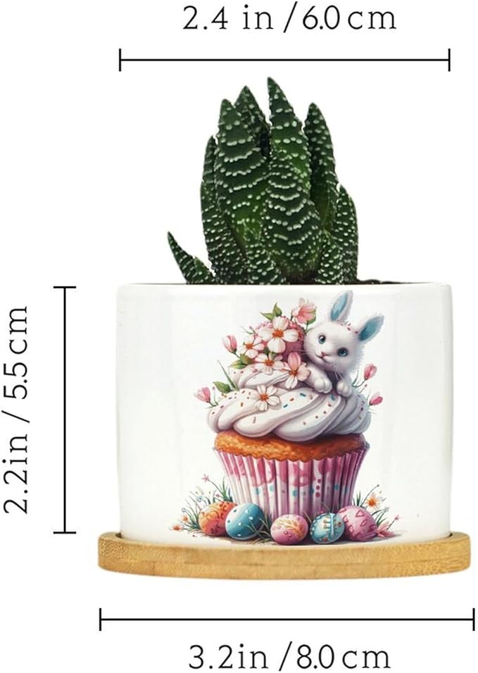 DreamAutumn Easter Cupcake Dessert Planter Ceramic Round Plant Pots with Drainage Holes and Bamboo Tray Planting Small Flower Pots for Home Windowsill Desk Garden Indoor Outdoor Use
