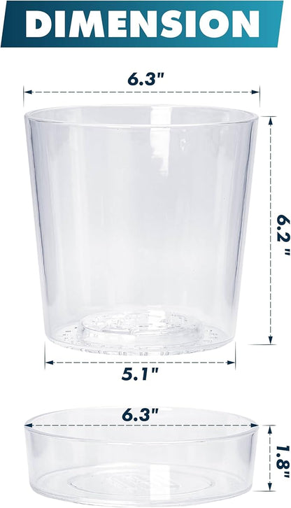 Phoenix Vine 6.5 Inch Clear Acrylic Planter Pot with Tray, Orchid Pot with Drainage Holes, Deep Saucer for Bottom Watering, Transparent Containers for Indoor Plants, Herbs, Set of 3, 91-A-F-3