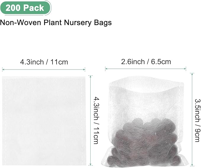 200-Pack Nursery Growing Bags, 4.3" x 4.3" Non-Woven Plant Nursery Bags, Fabric Seeding Pots Pouch for Seed Starting/Soil Transplant/Home Garden Supply [White]