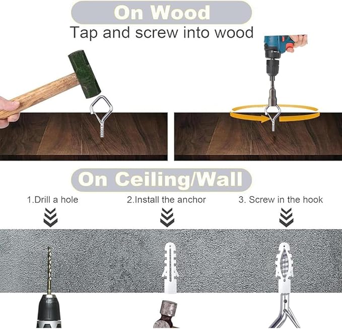 52-Pack Heavy-Duty Silver Screw Eye Hooks with Safety Clips | Metal Ceiling Hooks for Hanging Plants, Wind Chimes, Bird Feeders & Indoor/Outdoor Lights