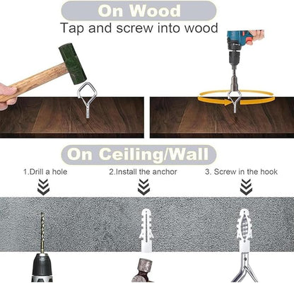 52-Pack Heavy-Duty Silver Screw Eye Hooks with Safety Clips | Metal Ceiling Hooks for Hanging Plants, Wind Chimes, Bird Feeders & Indoor/Outdoor Lights
