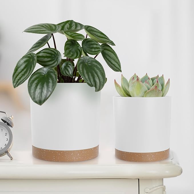 Plant Pots with Drainage Holes and Saucers – 7, 6.5, 6, 5, 4 Inch Plastic Planters for Indoor Outdoor Plants, Modern Matte Finish, Lightweight & Durable（White