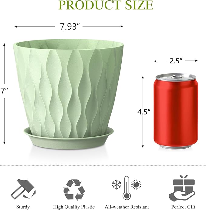 Plastic Plant 8 Inch, 4 Pack with Drainage Holes & Saucers, Water Wave Decorative Plant Pots for Indoor Outdoor Plants, Patio, Garden, Home Decor (4, Green)