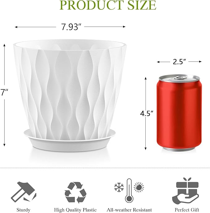 Plastic Plant 8 Inch, 4 Pack with Drainage Holes & Saucers, Water Wave Decorative Plant Pots for Indoor Outdoor Plants, Patio, Garden, Home Decor (4, White)