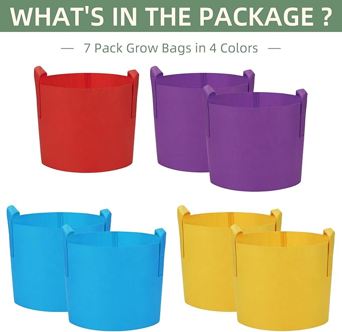 LITLANDSTAR 7-Pack 10 Gallon Colorful Grow Bags, Thickened Nonwoven Plant Fabric Pots with Handles, Heavy Duty Garden Planting Bag for Vegetable, Herbs & Flowers, Come with 4 Colors