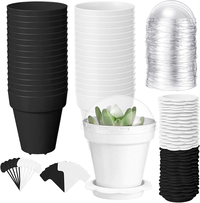 36 Packs Cupcake Plant Nursery Pots with Humidity Dome Small Flower Pots Plastic Planting Containers Cups with Saucers and Shovel for Indoor Outdoor Plant Succulent Display(Black and White)