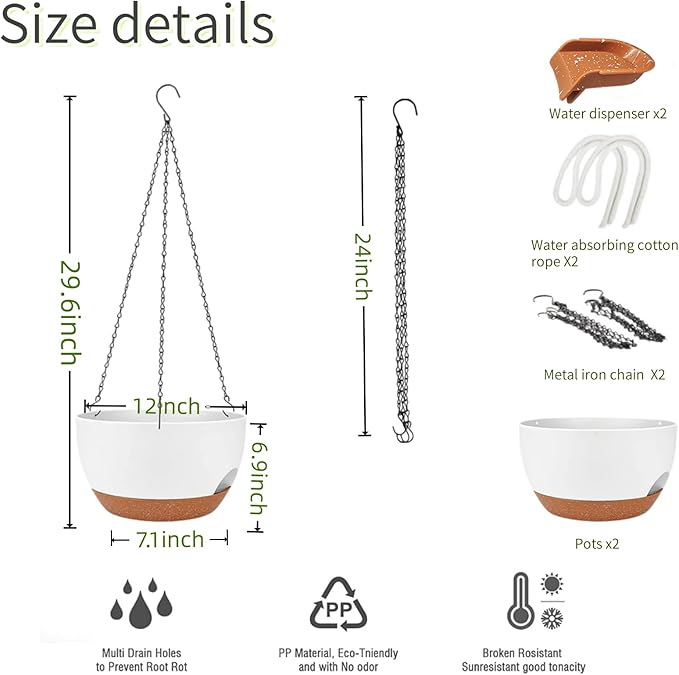 12 Inch Self Watering Hanging Planter for Indoor Outdoor Plants, 2 Pack Hanging Flower Pots with Drainage Holes and Saucers, Plastic Hanging Baskets for Kitchen, Balcony, Garden Decoration