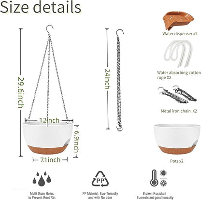 12 Inch Self Watering Hanging Planter for Indoor Outdoor Plants, 2 Pack Hanging Flower Pots with Drainage Holes and Saucers, Plastic Hanging Baskets for Kitchen, Balcony, Garden Decoration