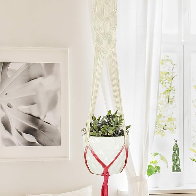 LIVALAYA Macrame Plant Hangers Wall Planter - Red Ombre 48 Inch, for Indoor or Outdoor, 100% Cotton Rope Hanging Plant Holder with Tassel for Flower Pots and Succulents - Modern Boho Home Décor
