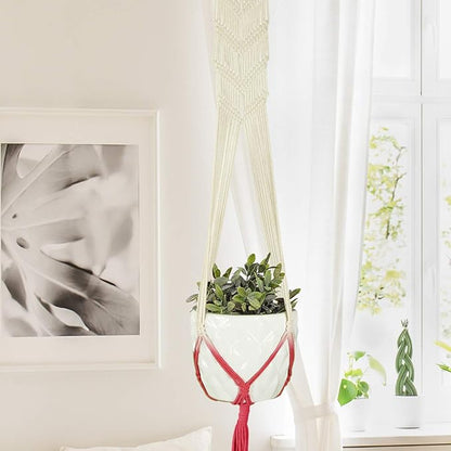 LIVALAYA Macrame Plant Hangers Wall Planter - Red Ombre 48 Inch, for Indoor or Outdoor, 100% Cotton Rope Hanging Plant Holder with Tassel for Flower Pots and Succulents - Modern Boho Home Décor
