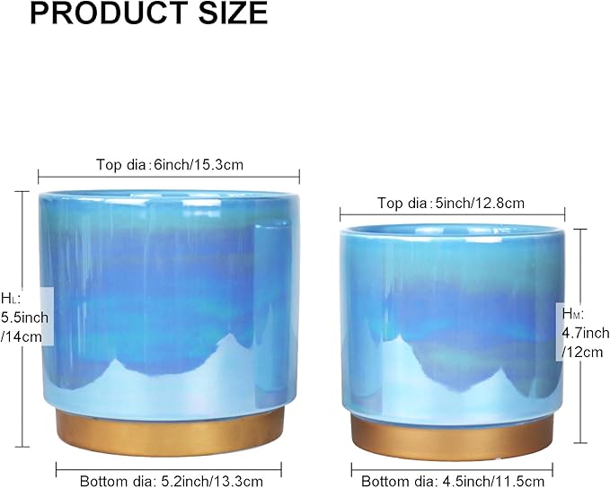 Ceramic Flower Plants Pots Planter with Drainage Hole, 6.0 inch+5.0 Inch. Indoor-Outdoor Large Round Succulent Orchid Pot Set (Blue)