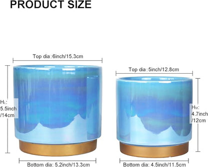Ceramic Flower Plants Pots Planter with Drainage Hole, 6.0 inch+5.0 Inch. Indoor-Outdoor Large Round Succulent Orchid Pot Set (Blue)