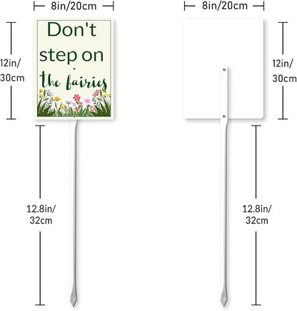 Garden Sign With Stake Don't Step On The Fairies Aluminium Sign 8X12 Inch Wildflower Sign Retro Yard Metal Signs Lawn Grass Outdoor Aluminium Wall Decor And 12.8" Stake Kit