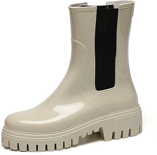 Women'S Waterproof Lug Sole Rain Boots Fashion Elastic Slip On Comfortable Platform Chunky Heel Chelsea Ankle Boots Casual Outdoor Non-Slip Rubber Garden Booties