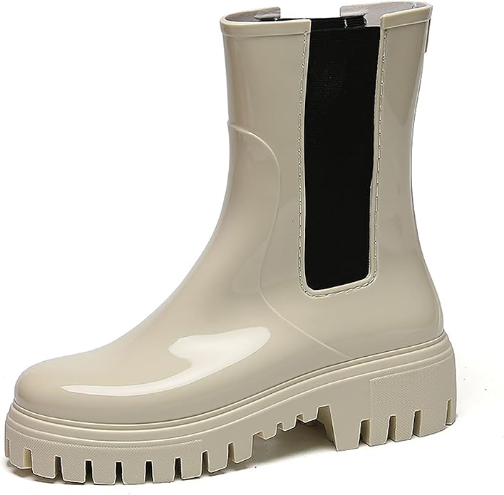 Women'S Waterproof Lug Sole Rain Boots Fashion Elastic Slip On Comfortable Platform Chunky Heel Chelsea Ankle Boots Casual Outdoor Non-Slip Rubber Garden Booties