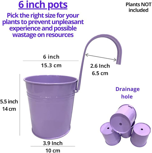 LaLaGreen Hanging Planters Outdoor -10 Pack, 6 Inch Colorful Large Metal Flower Pot, Balcony Planters Railing Hanging Herb Garden Iron Hanging Plant Buckets for Fence Rail Deck Porch Outside Wall