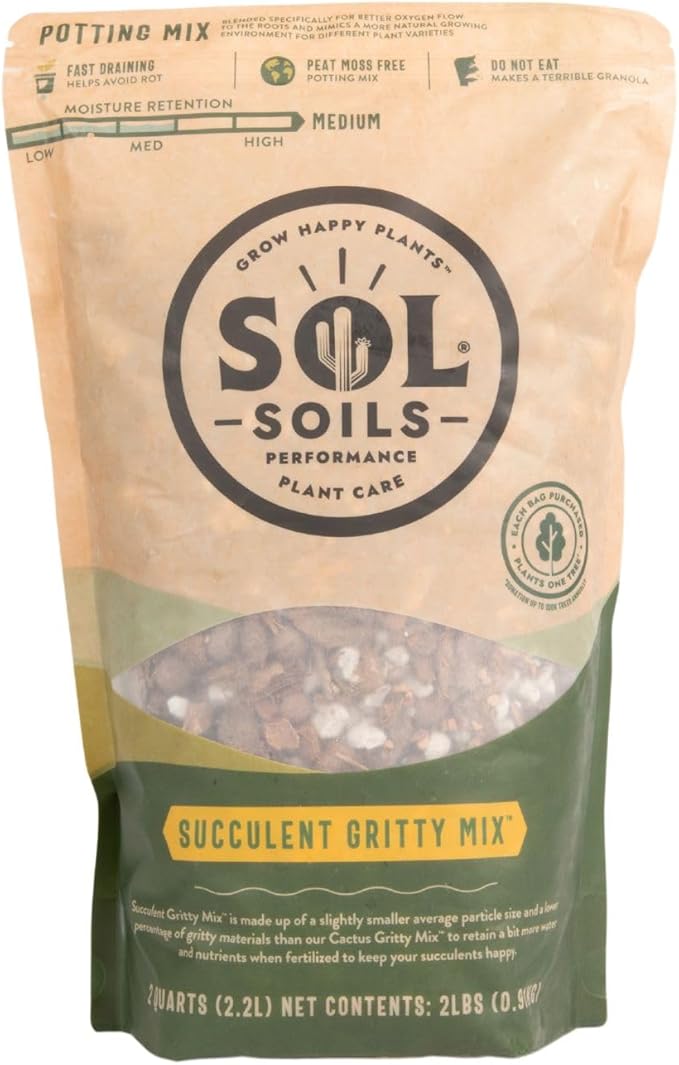 Sol Soils Succulent Gritty Mix 2 Quarts - Fast Draining Peat Moss Free Succulent Soil Potting Mix with Coconut Husk Chips, Perlite & Pumice