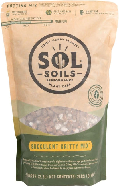 Sol Soils Succulent Gritty Mix 2 Quarts - Fast Draining Peat Moss Free Succulent Soil Potting Mix with Coconut Husk Chips, Perlite & Pumice