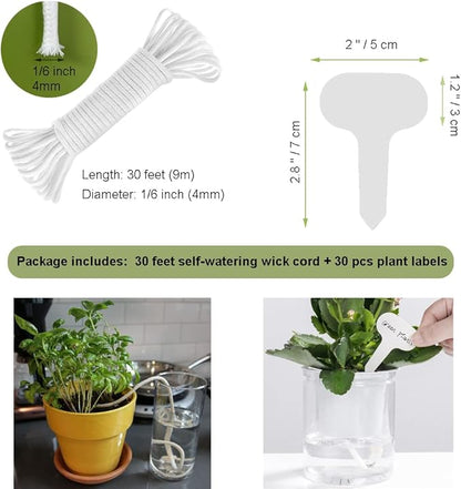 ORIMERC 30 feet Self Watering Wick Cord Automatic Watering Device for Vacation Self-Watering Planter Pot Potted Plant Sitter Auto Drip Waterer with 30 pcs 5 x 7cm Plant Labels Garden Tag Marker