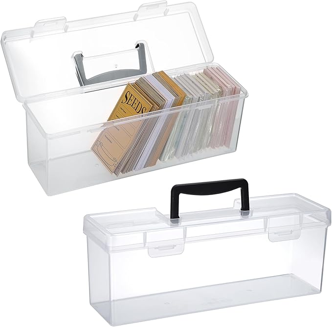 Kokone 2 Pack Plastic Clear Seed Storage Organizer Box with Handle, Portable Seed Bin with Lock, Transparent Seed Saving Box with Lid, Seed Container Seed Packet Storage Organizer