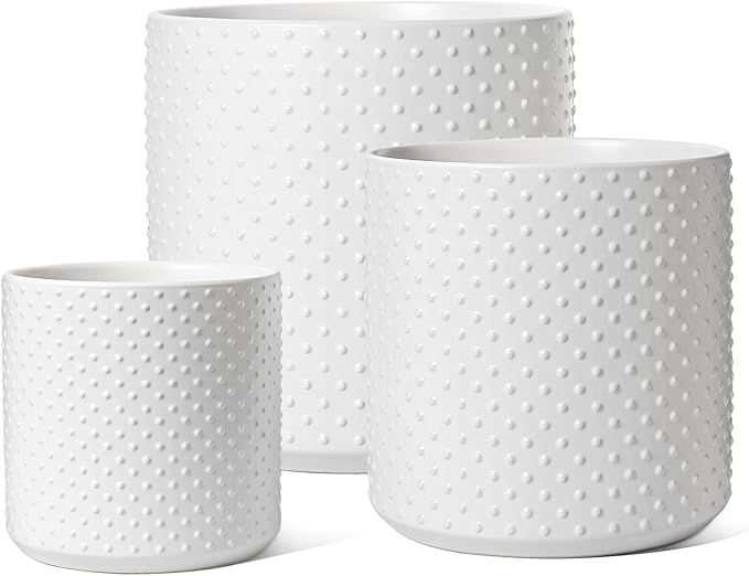 LE TAUCI Ceramic Pots for Plants, 10/8/6 Inch Indoor Planters with Draiange Hole, Silicone Plug & Mesh Pad, Modern Rasied-Dots Pots for Home Office, Set of 3, Satin, White