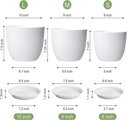 WOUSIWER Plant Pots 10/9/8 inch, Set of 3 Modern Decorative Plastic Planters with Drainage Holes and Saucers for House Plants Indoor Flowers Plants, White