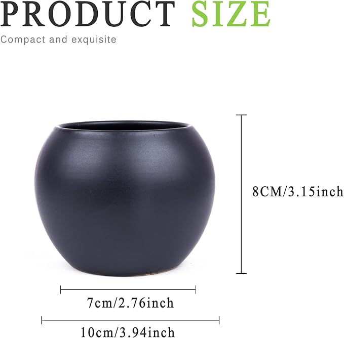 Black Spherical Ceramic Plant Pots Succulent Small Planter Indoor Modern Round Decorative Indoor-Outdoor Garden Plant Pots with Drainage Holes - Plants Not Included 3.94 x 3.94 x 3.15 Inch