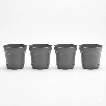 Bloem Saturn 7" Charcoal Round Resin Planter Pot with Snap-in Saucer for Indoor and Outdoor Gardening, 4-Pack