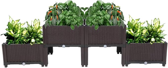 Raised Garden Beds, Planter Box, Self-Watering Plastic Planter for Indoor Outdoor Vegetables, Fruits, Potato, Flowers (4 Pcs)