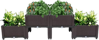 Raised Garden Beds, Planter Box, Self-Watering Plastic Planter for Indoor Outdoor Vegetables, Fruits, Potato, Flowers (4 Pcs)