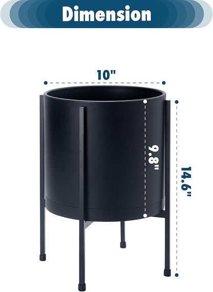 D'vine Dev 10 Inch Black Planter Pot with Stand – Modern Plastic Cylinder Flower Pot with Heavy-Duty Metal Stand for Indoor Plants, 55-D-B-2