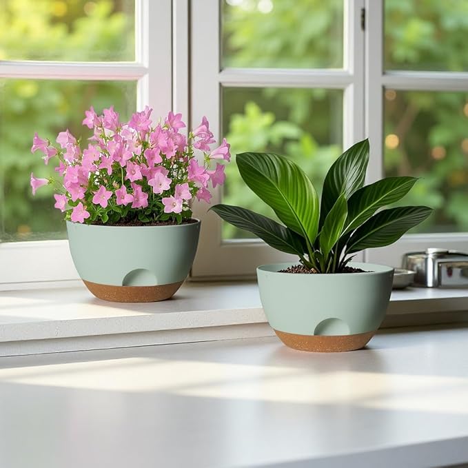 12 Inch Large Self Watering Pots, 2 Pack Plant Pots with Drainage Holes and Saucers, Self Watering Planter for Indoor Outdoor Garden Plants and Flowers (Green)