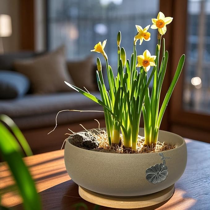 MUZHI Round Ceramic Hydroponic Bowl Lotus Planter Pot with Bamboo Tray, Classic Pottery Water Lily Bowl Planter Container Inlaid Dragonfly and Lotus Leaf Decor 7.3"