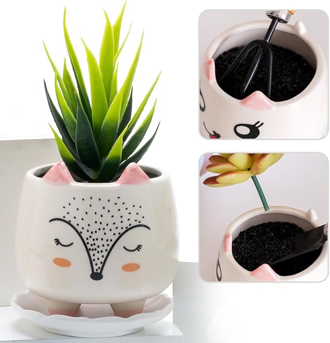 B SEPOR 6Pack 3.4inch Small Ceramic Animal Planter Pots for Baby Succulent with Drainage and Bamboo Tray Window Sill Gift for Girl(Sitting Cats)