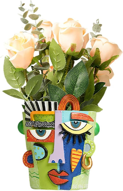 Abstract Art Planter with Drain Hole & Stand - 5.2 Inch Hand-Painted Resin Pot, Vibrant Mini Decor for Succulents, Apartments, Desk & Gifts(Green, Small)