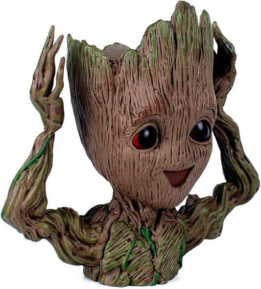 6" Cute Baby Groot Planter Pot, Smile Face Planters Head for Indoor Plant or Funny Pen Holder Flower Pot with Drainage Hole for a Tiny Succulents Plants Home Office Decor Gift Idea