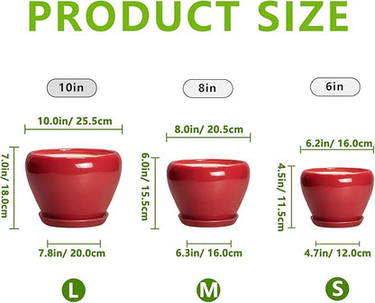 Ceramic Plant Pots, 10+8+6 Inch Ceramic Planters with Drainage Holes and Saucers, Round Decorative Pots for Plants Indoor Outdoor, House Decor, Gifts for Plant Lovers, Set of 3, Bright Red