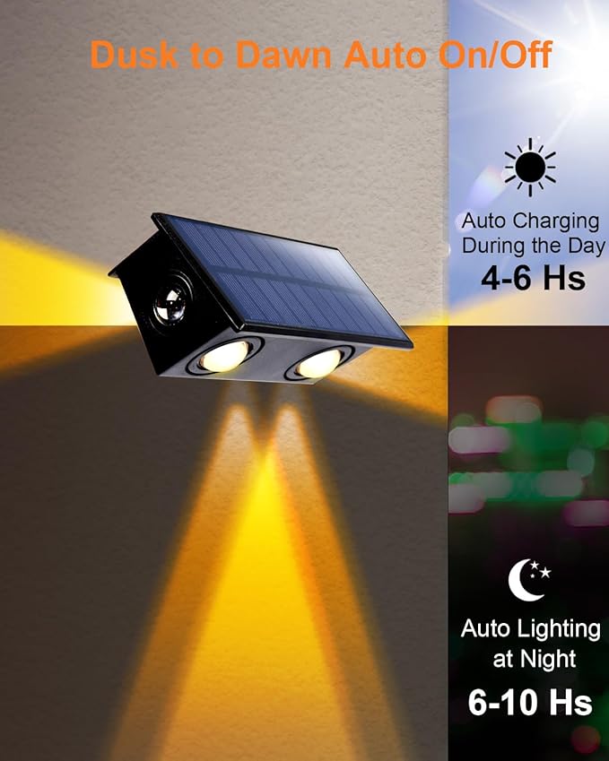 6 Pack 3-Side Solar Fence Lights Outdoor Waterproof with Warm White LED Spot Lens, for Wall, Deck, Patio, Yard, Rail, Garage, Pool, Designed for Enhanced Security, Easy Install