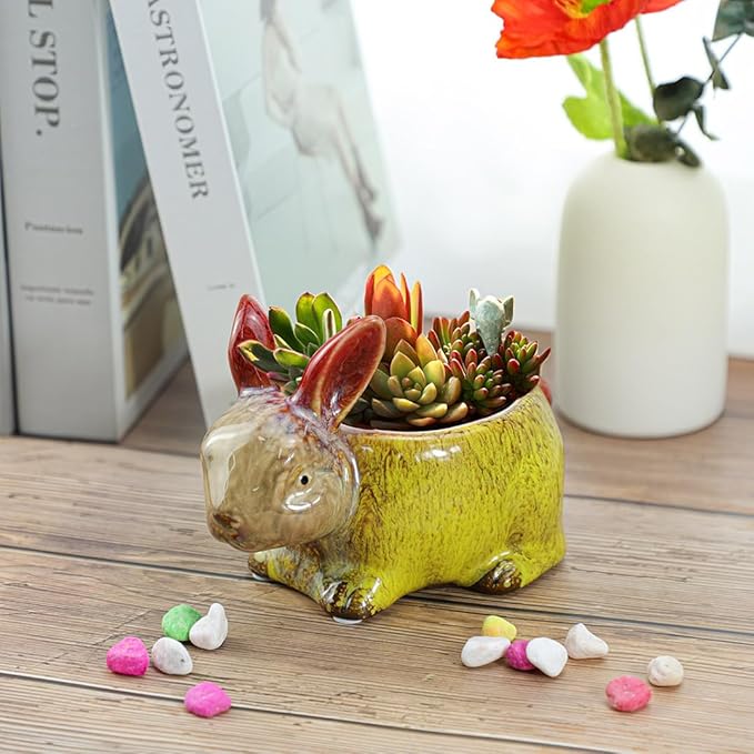 WAIT FLY Cute Animal Ceramic Flower Pot Succulent Planter-Rabbit