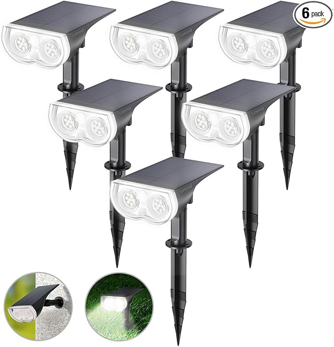 Linkind Solar Lights Outdoor Waterproof IP65, StarRay Dusk-to-Dawn Outdoor Solar Lights, 3 Lighting Modes Solar Spot Lights Outdoor for Garden, Yard, Landscape (Daylight, 6 Pack)