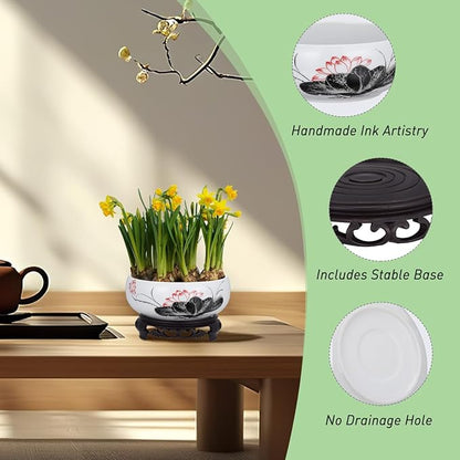 YARNOW Ceramic Lotus Bowl Cactus Bowl Planter Ceramic Water Lily with Stand for Home Office Garden