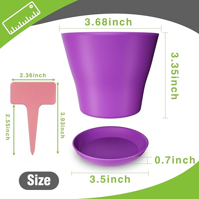 24-Pack 4-Inch Plastic Plant Pots with Saucers, Colorful Seed Starter Nursery Pots with Drainage Holes, Thick Small Planters for Indoor and Outdoor Flowers, Succulents, and Seedlings (8 Colors)