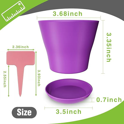 24-Pack 4-Inch Plastic Plant Pots with Saucers, Colorful Seed Starter Nursery Pots with Drainage Holes, Thick Small Planters for Indoor and Outdoor Flowers, Succulents, and Seedlings (8 Colors)