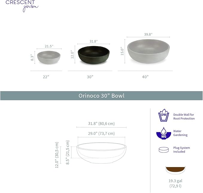 Crescent Garden Large Outdoor Planter Bowl – Double-Walled Resin Pot with Drain Hole for Water Gardens, Fountains, Decorative Landscaping - 30" W x 12" H (Caviar Black)
