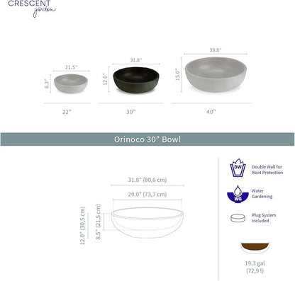Crescent Garden Large Outdoor Planter Bowl – Double-Walled Resin Pot with Drain Hole for Water Gardens, Fountains, Decorative Landscaping - 30" W x 12" H (Caviar Black)