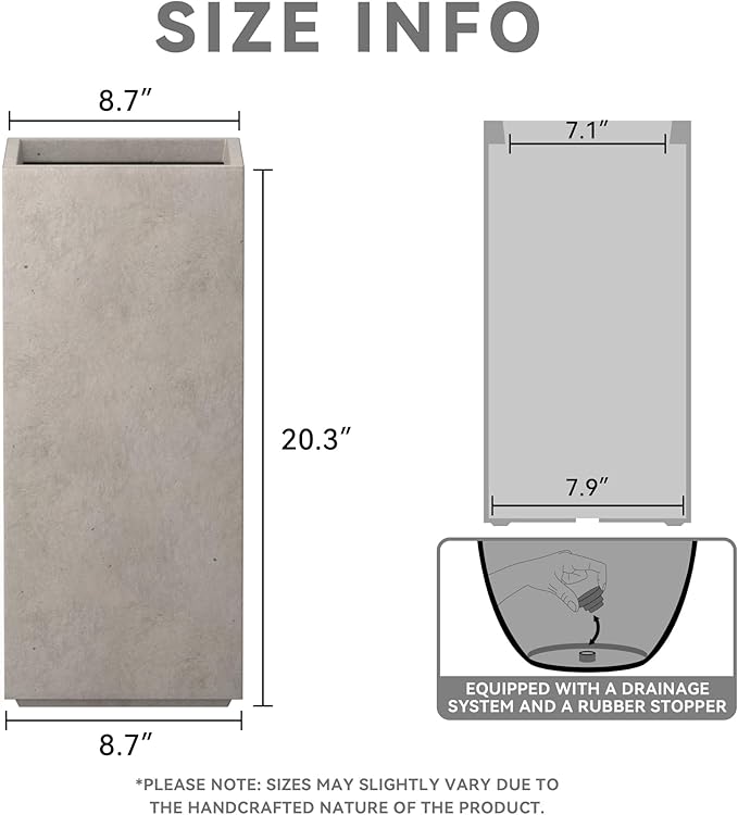 Kante 20.3" H Tall Rectangular Concrete Planter, Modern Square Diameter Plant Pot with Drainage Hole and Rubber Plug for Indoor Outdoor Home Patio Garden, Weatheted Concrete
