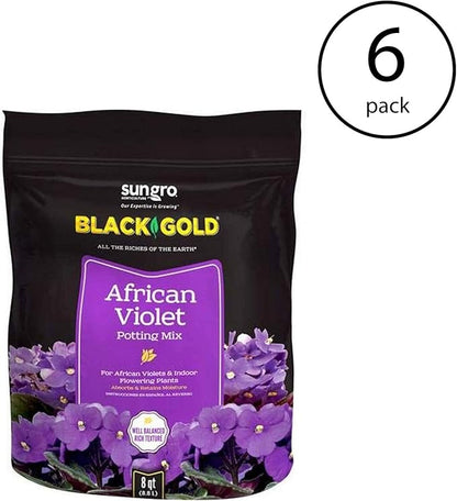 SunGro Black Gold Indoor Natural and Organic African Violet Potting Soil Fertilizer Mix for House Plants, 8 Quart Bag (6 Pack)