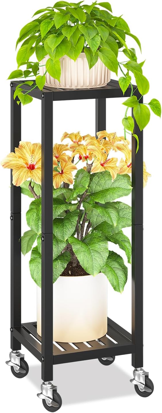 KMOTASUO 2 Tier Black Tall Plant Stand with Wheel for Indoor Outdoor, Heavy Duty Metal Multiple Large Planter Rack for Narrow Corner, Sturdy Iron Vertical Flower Holder for Modern House Patio Bathroom