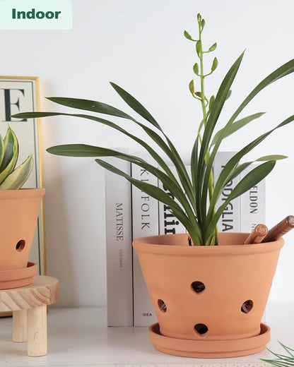 vensovo 8 Inch Terracotta Orchid Pots with Holes and Saucers, 2 Pack Large Clay Planters for Repotting, Terra Cotta Pots for Indoor & Outdoor Plants, Promotes Air Circulation